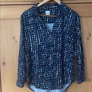 NIC+ZOE Navy, Teal, and White Geometric Blouse